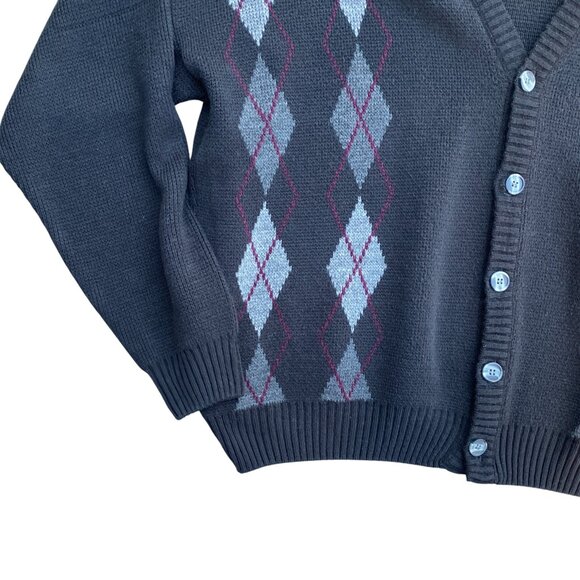 Vintage Van Heusen Mens Argyle Cardigan Sz L Black Button Academia Grandpa - Picture 5 of 11